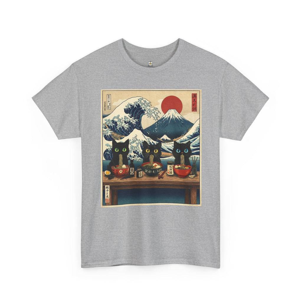 Japanese Sushi Cat Great Wave Graphic Tee - 100% Cotton Heavyweight Unisex T-Shirt - Vintage Ukiyo-e Style Hokusai Inspired Aesthetic Tee