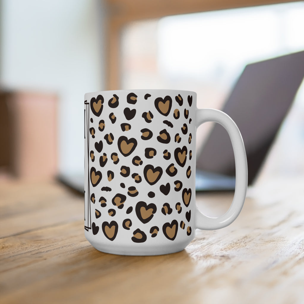 MOM Monogram Leopard Heart 15oz Ceramic Mug - Large Coffee Cup with Vertical Typography & Animal Print - Mother's Day Gift - Chic Cheetah Heart Aesthetic Mom Mug