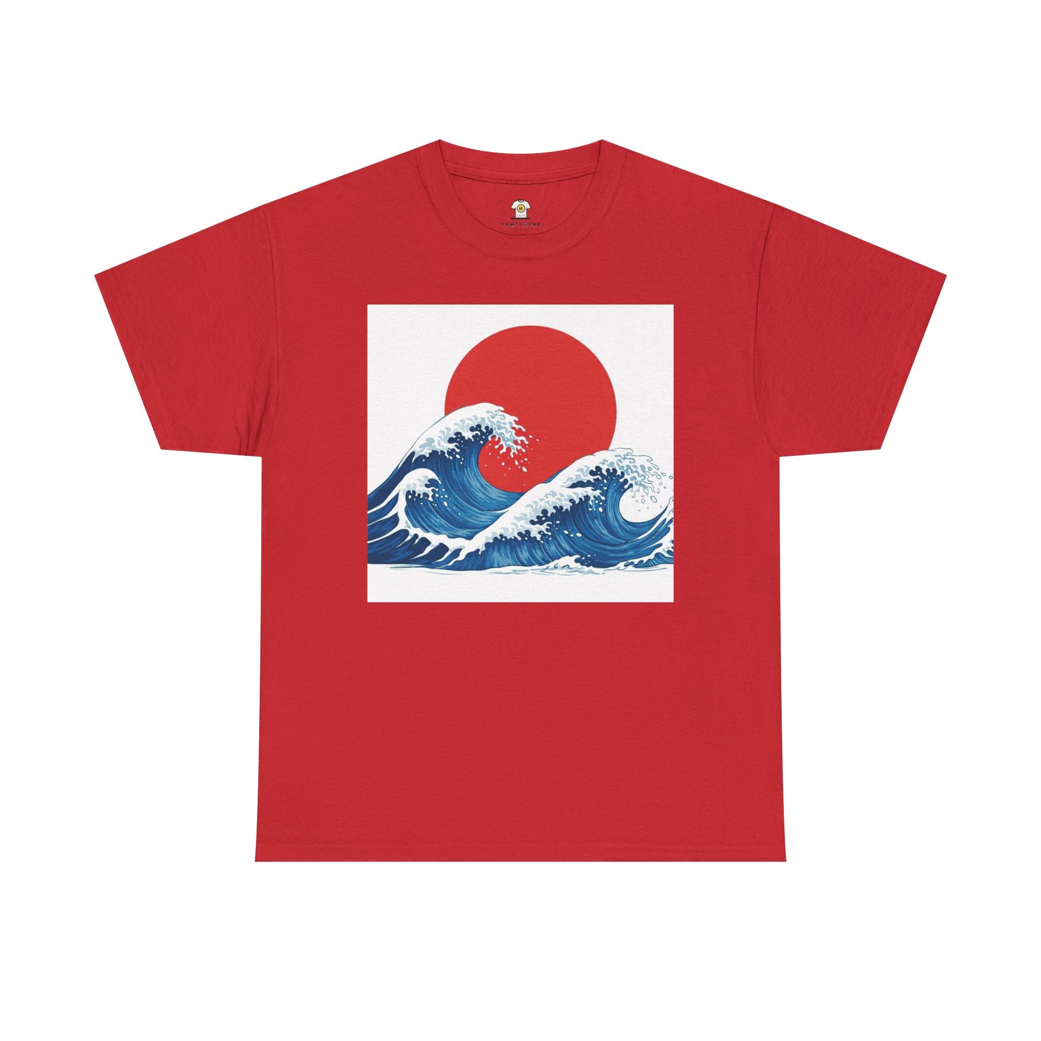 Japanese Wave & Red Sun  Great Wave Graphic Tee  Japanese Design Apparel Classic   Gildan 5000 Cotton Tee — Durable Everyday Crewneck