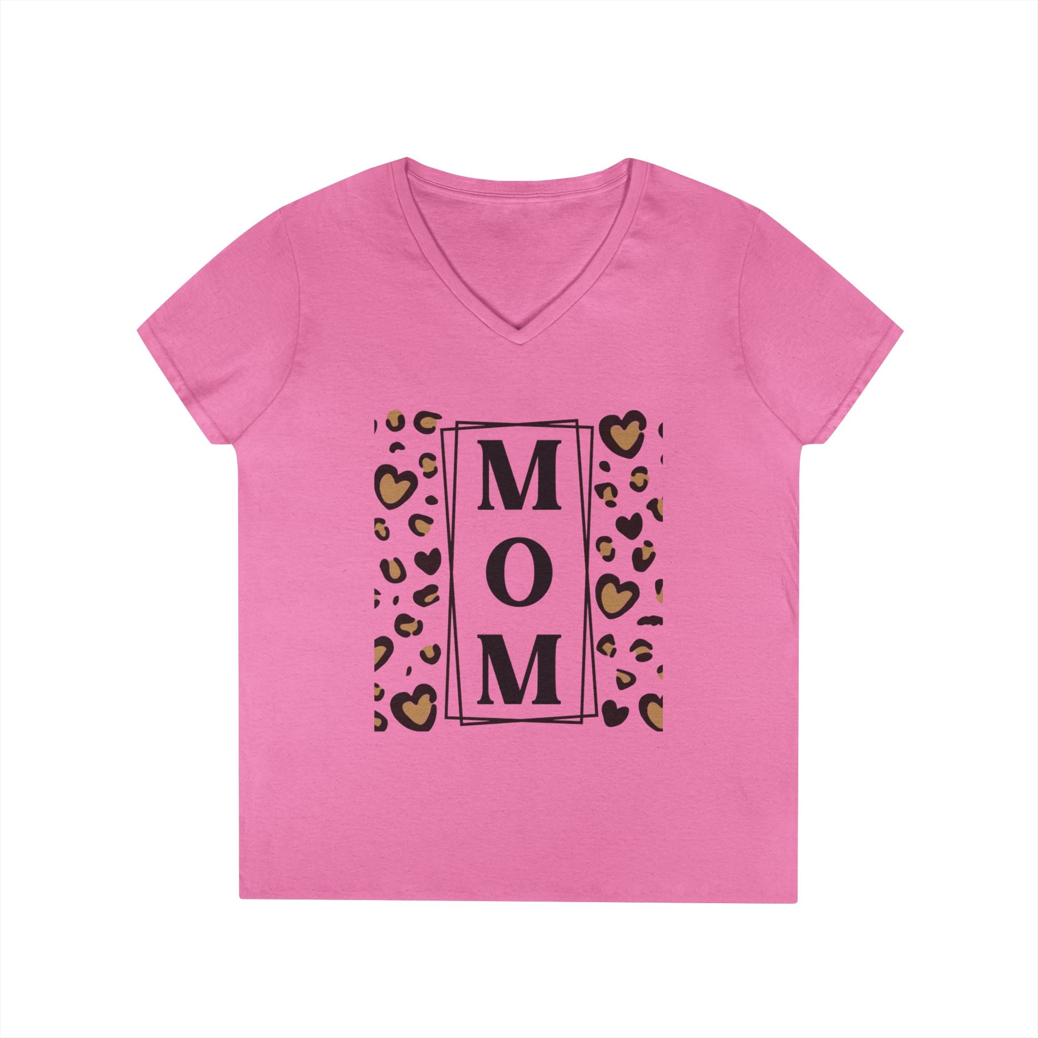 MOM Leopard Heart White V-Neck T-Shirt - 100% Cotton Semi-Fitted Graphic Tee - Mother's Day Gift - Cheetah Print Aesthetic Monogram Mom Shirt