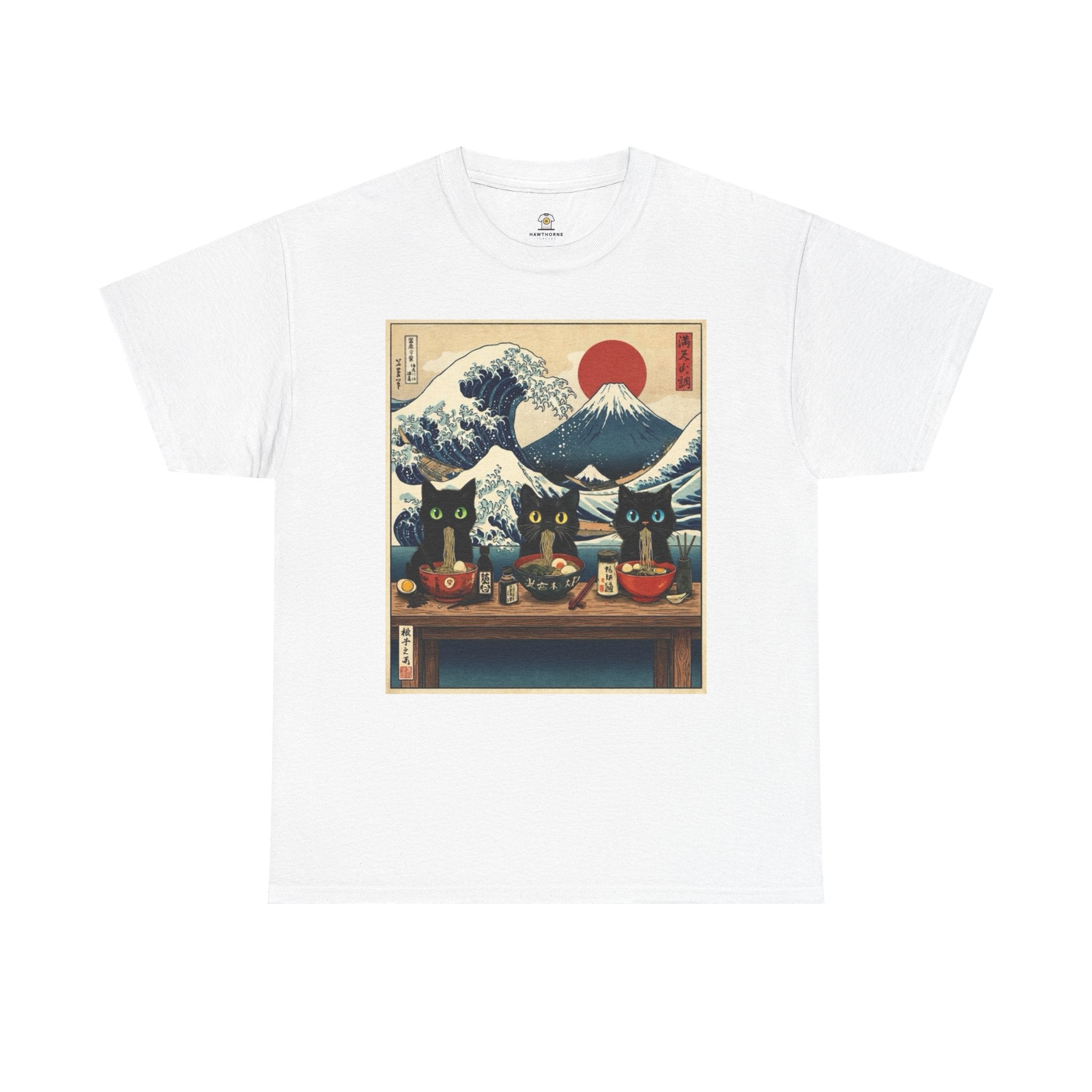 Japanese Sushi Cat Great Wave Graphic Tee - 100% Cotton Heavyweight Unisex T-Shirt - Vintage Ukiyo-e Style Hokusai Inspired Aesthetic Tee