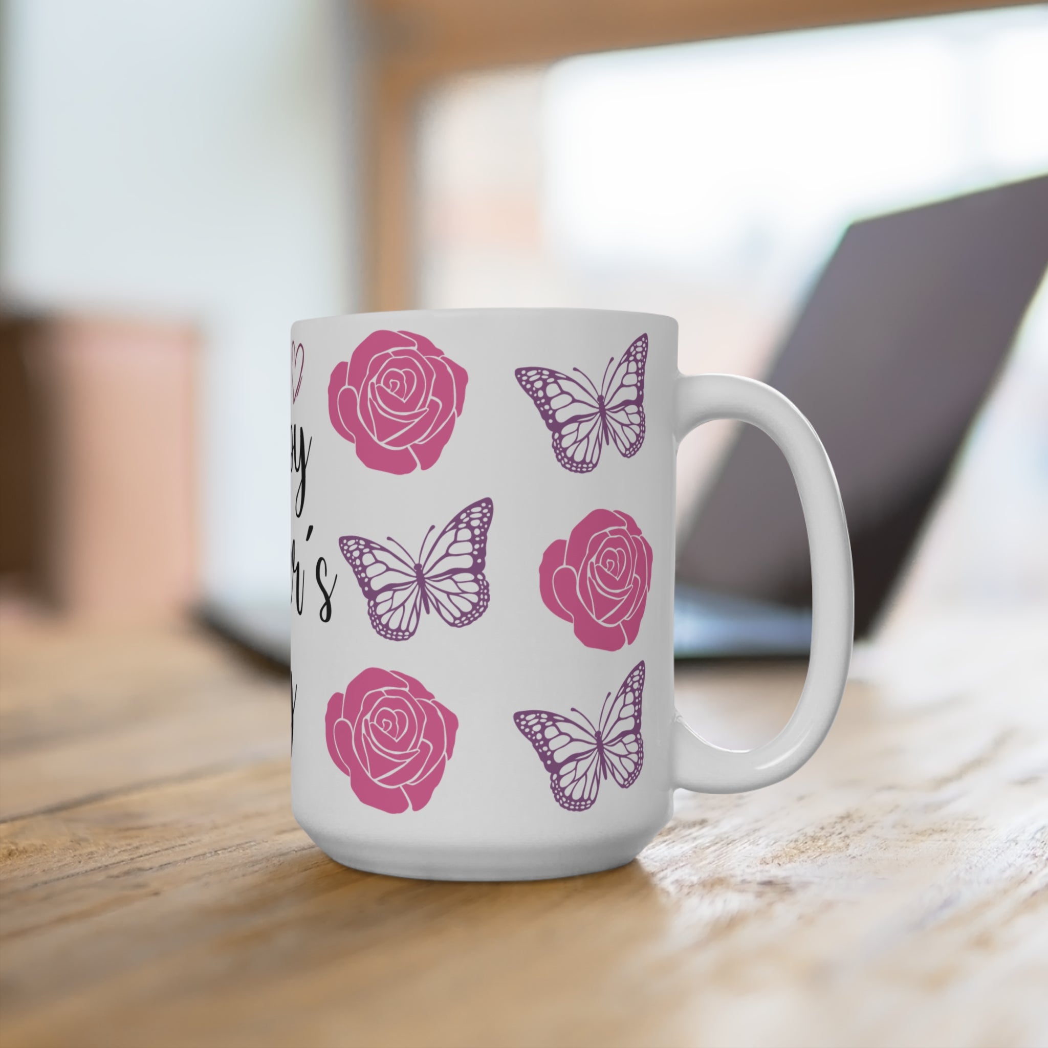 Happy Mother's Day Rose & Butterfly 15oz Ceramic Mug - Large Floral Coffee Cup with Pink Roses & Purple Butterflies - Mother's Day Gift - Aesthetic Botanical Tea Mug for Mom