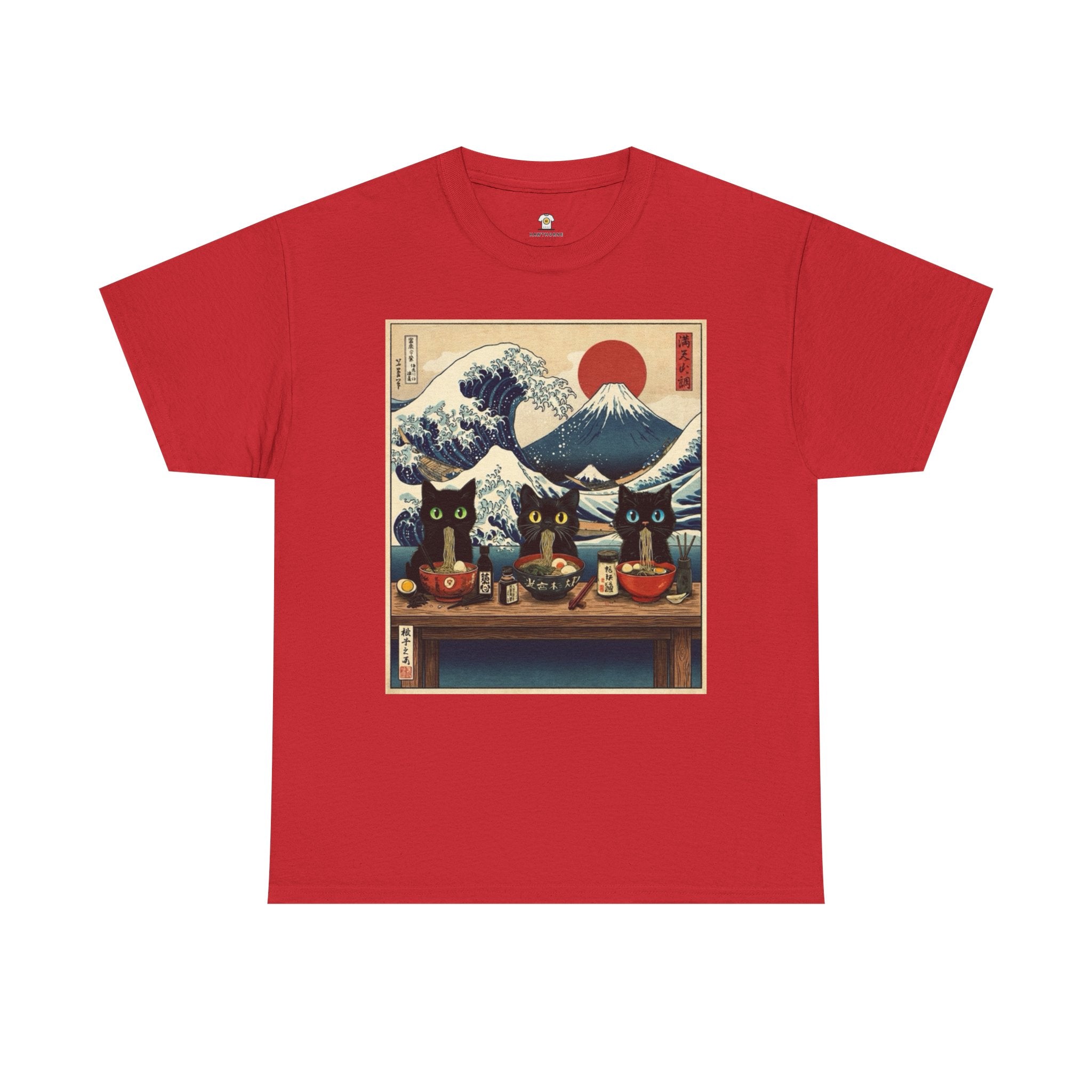 Japanese Sushi Cat Great Wave Graphic Tee - 100% Cotton Heavyweight Unisex T-Shirt - Vintage Ukiyo-e Style Hokusai Inspired Aesthetic Tee
