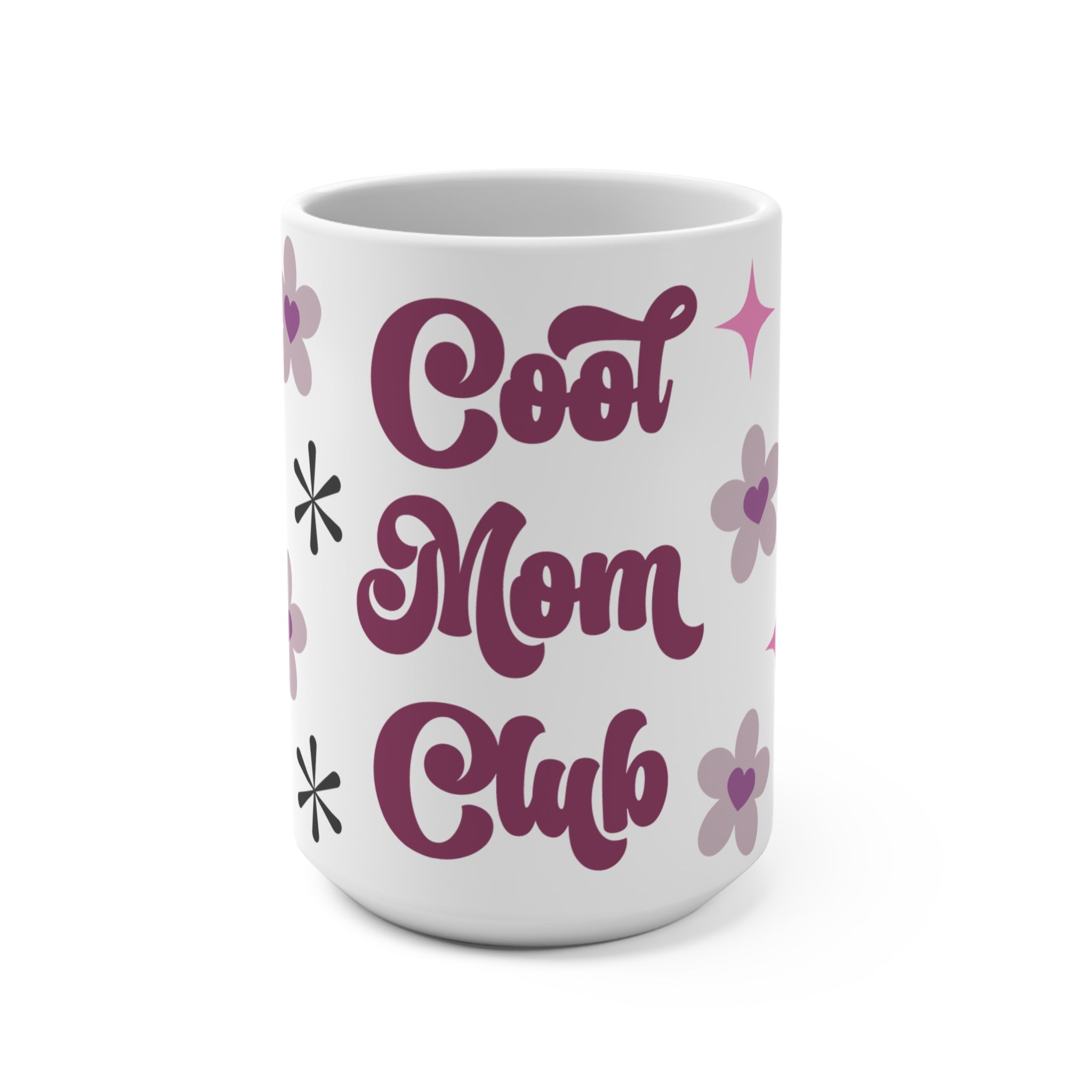 Cool Mom Club Retro Ceramic Mug - Large 15oz Coffee Cup with Groovy Stars & Floral Design - Mother's Day Gift - Nostalgic Pink & Lavender Aesthetic Mom Club Mug