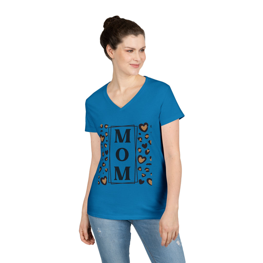MOM Leopard Heart White V-Neck T-Shirt - 100% Cotton Semi-Fitted Graphic Tee - Mother's Day Gift - Cheetah Print Aesthetic Monogram Mom Shirt