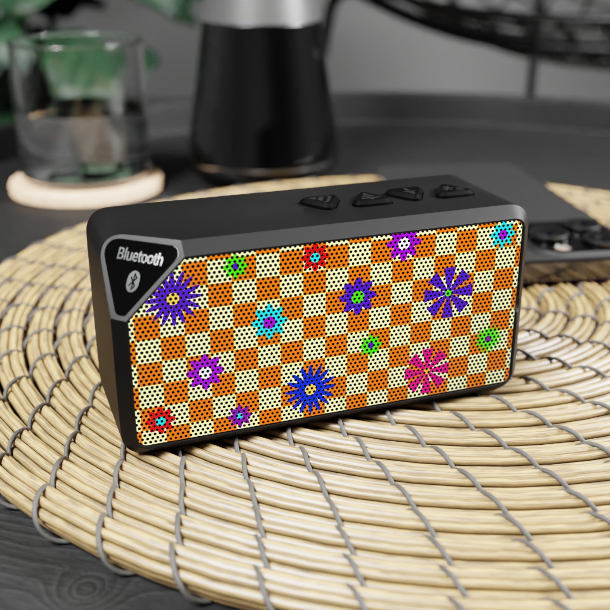 Retro Checkerboard Floral Portable Bluetooth Speaker - Orange & Purple Vintage Aesthetic Wireless Speaker - 3W Mini Sound Box with 10m Range & Aux Input - Trendy Boho Tech Decor