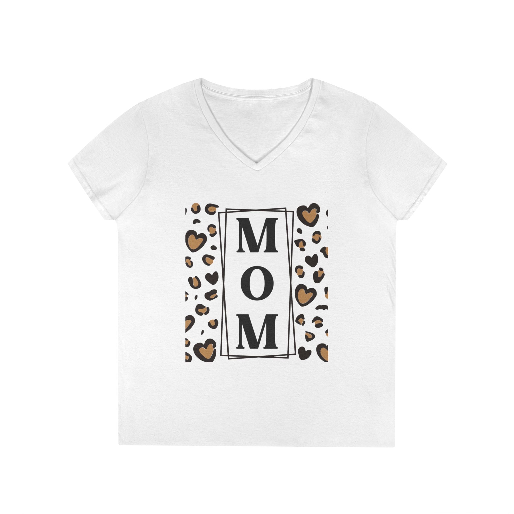MOM Leopard Heart White V-Neck T-Shirt - 100% Cotton Semi-Fitted Graphic Tee - Mother's Day Gift - Cheetah Print Aesthetic Monogram Mom Shirt