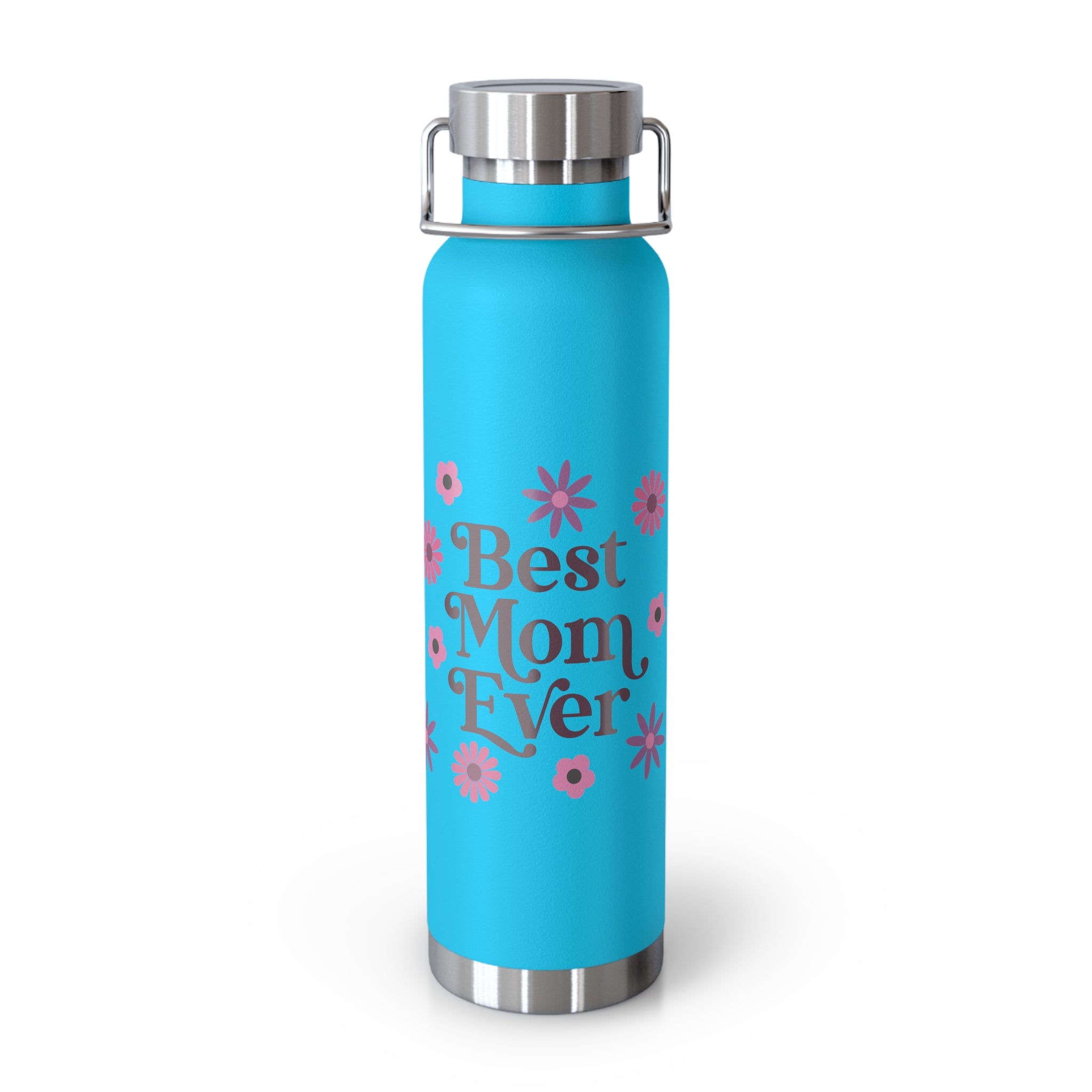 Best Mom Ever Floral 22oz Copper Vacuum Insulated Bottle - Matte White Stainless Steel Water Bottle with Spill-Proof Loop Lid - Mother's Day Gift - Pink Flower Aesthetic Mom Bottle