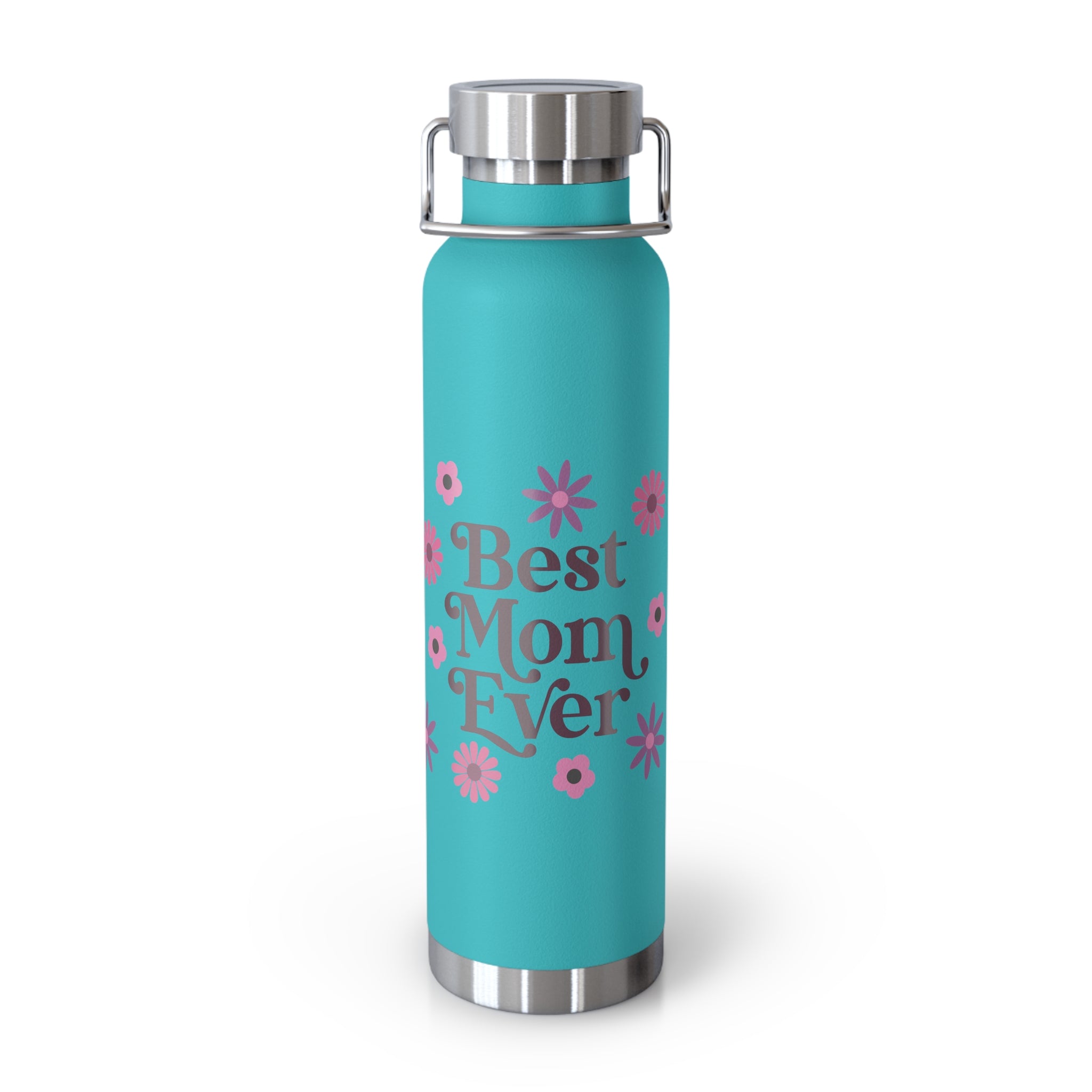 Best Mom Ever Floral 22oz Copper Vacuum Insulated Bottle - Matte White Stainless Steel Water Bottle with Spill-Proof Loop Lid - Mother's Day Gift - Pink Flower Aesthetic Mom Bottle