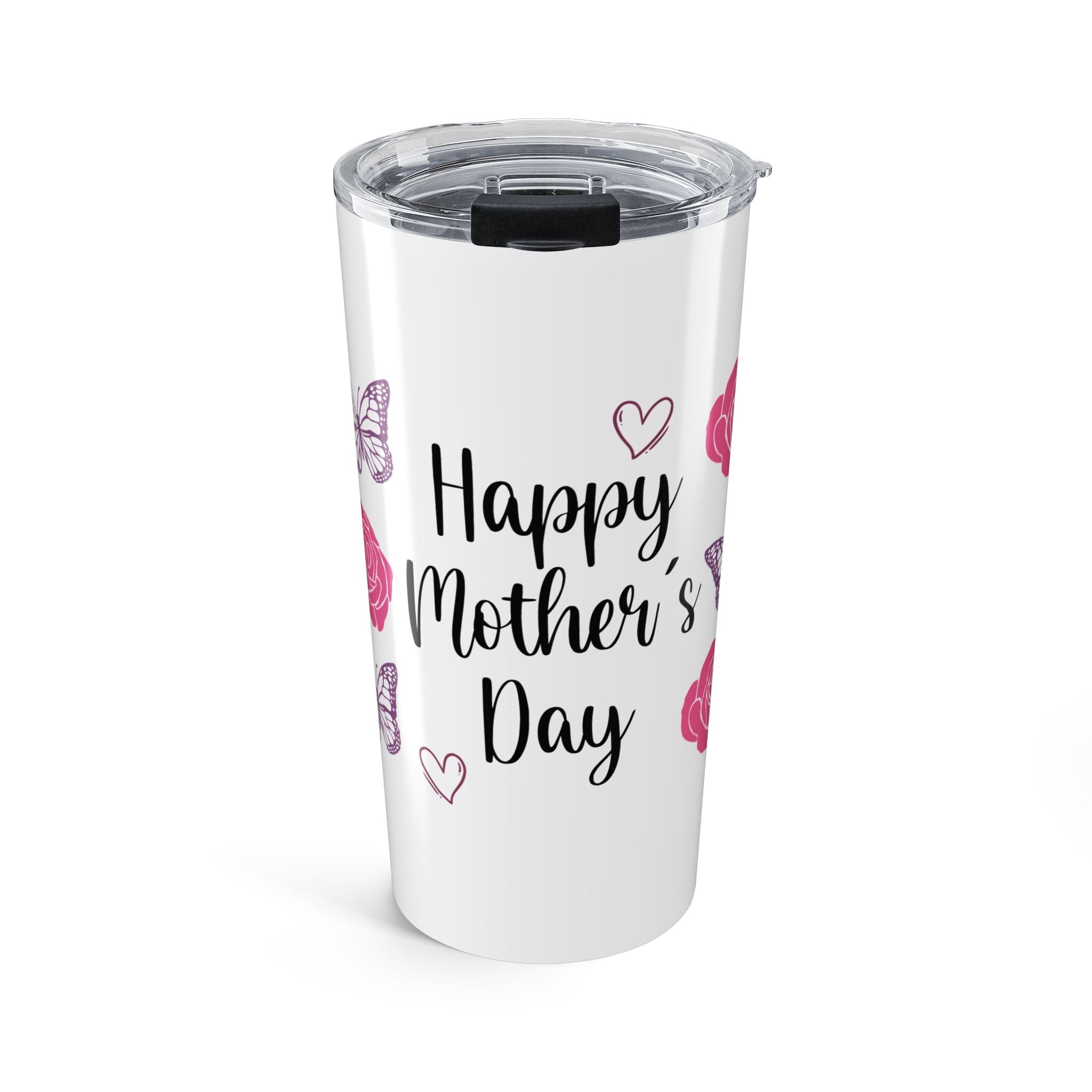 Happy Mother's Day Floral Butterfly 20oz Stainless Steel Tumbler - Vacuum Insulated Travel Mug with Spill-Proof Lid - Mother's Day Gift - Vivid Rose & Butterfly Insulated Cup