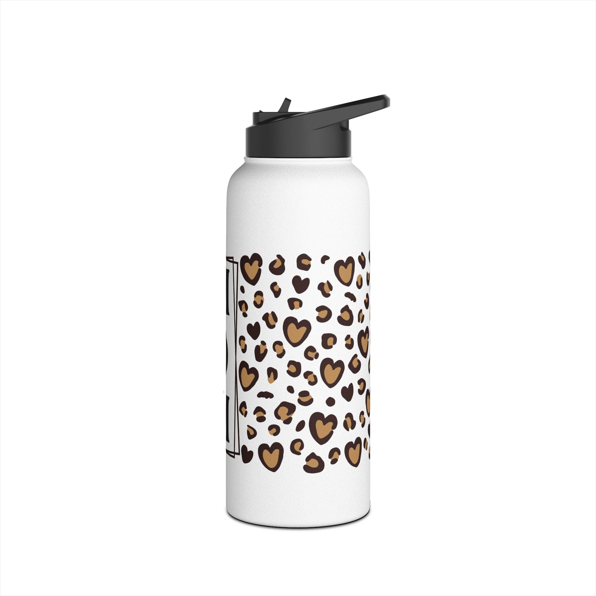 MOM Leopard Heart Stainless Steel Water Bottle - 12oz, 18oz, 32oz Matte White Insulated Bottle with Vertical Monogram - Mother's Day Gift - Cheetah Print Aesthetic Mom Bottle