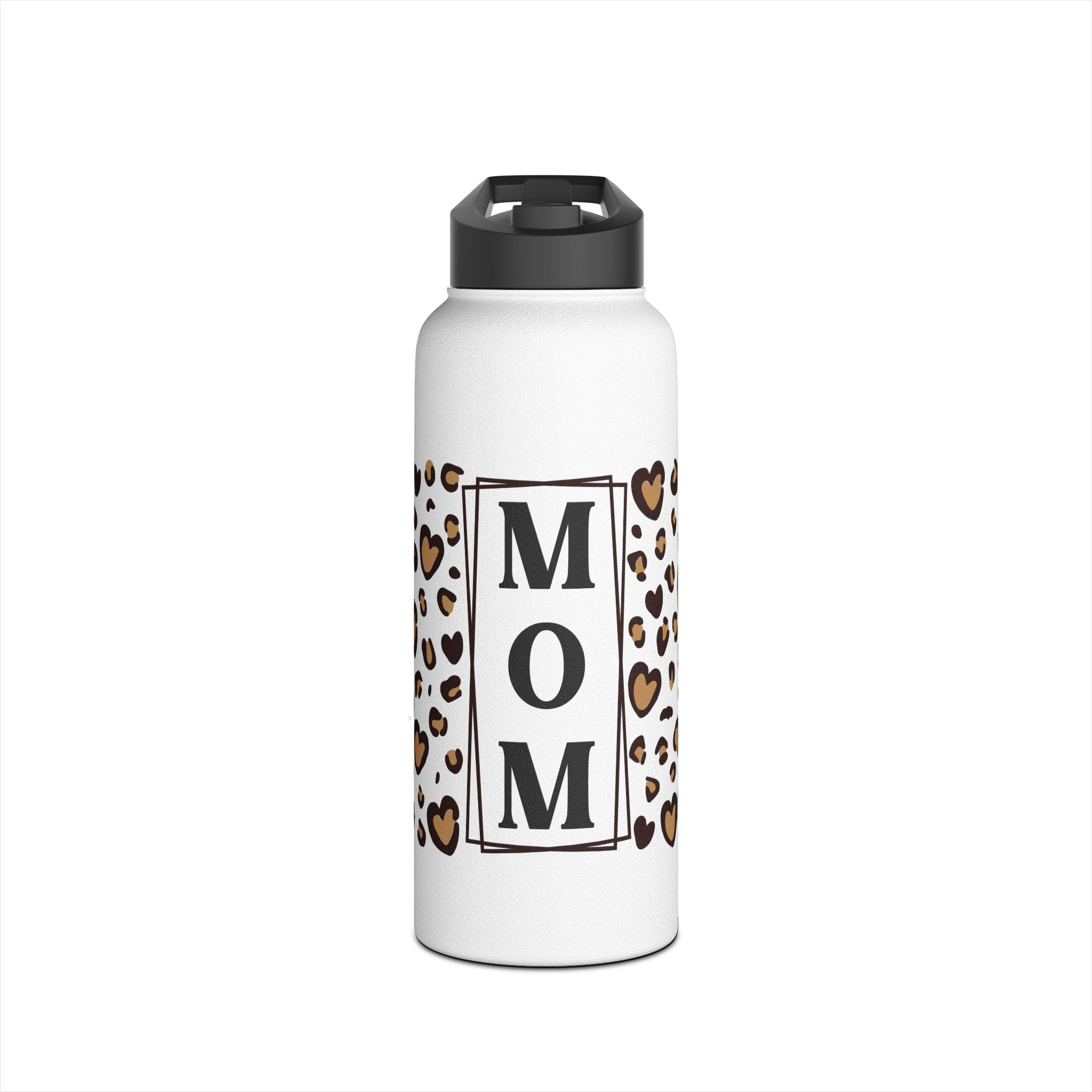 MOM Leopard Print Heart Stainless Steel Water Bottle - Vacuum Insulated 12oz 18oz 32oz Sizes - Mother's Day Gift - Matte White Double Wall Thermos with BPA-Free Lid
