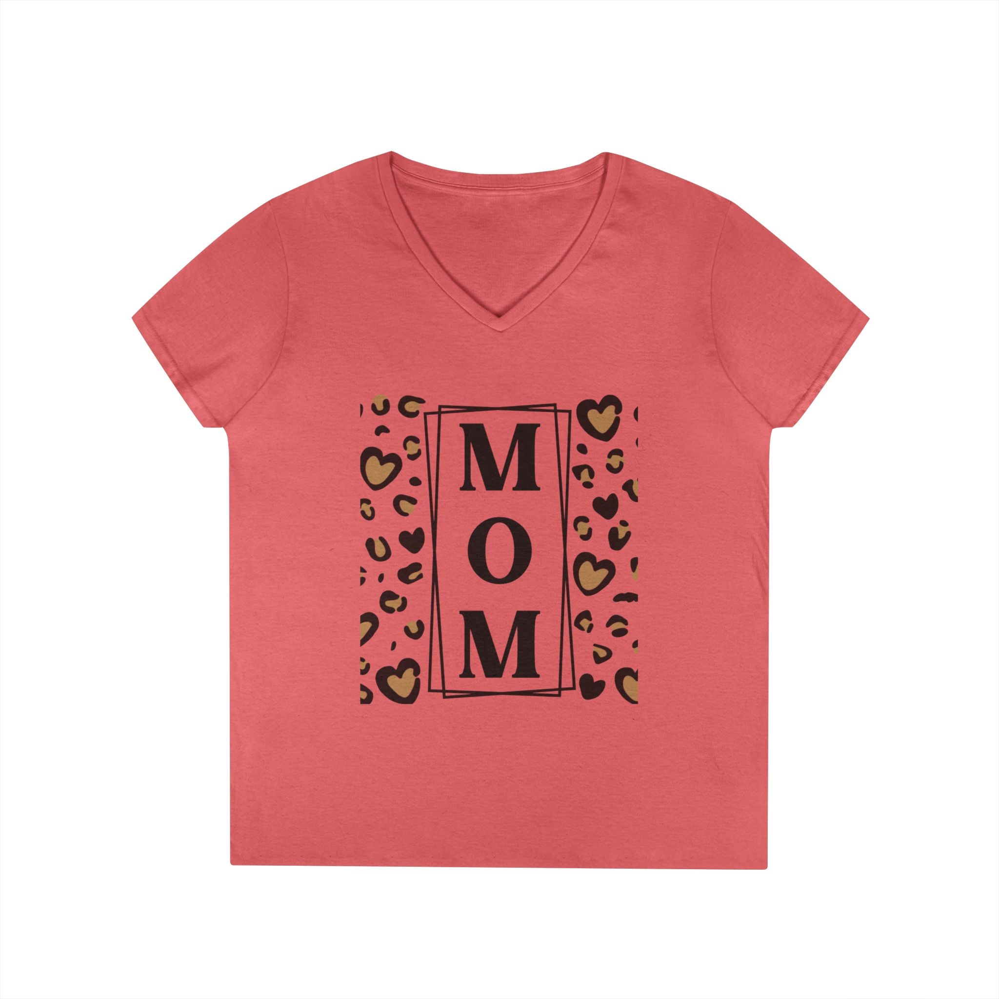 MOM Leopard Heart White V-Neck T-Shirt - 100% Cotton Semi-Fitted Graphic Tee - Mother's Day Gift - Cheetah Print Aesthetic Monogram Mom Shirt