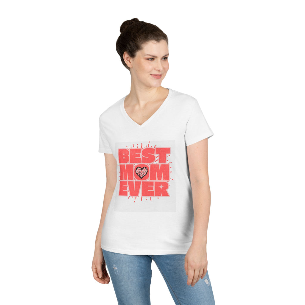 Best Mom Ever Pink Heart White V-Neck T-Shirt - 100% Cotton Semi-Fitted Graphic Tee - Mother's Day Gift - Leopard Print Heart Aesthetic Mom Shirt