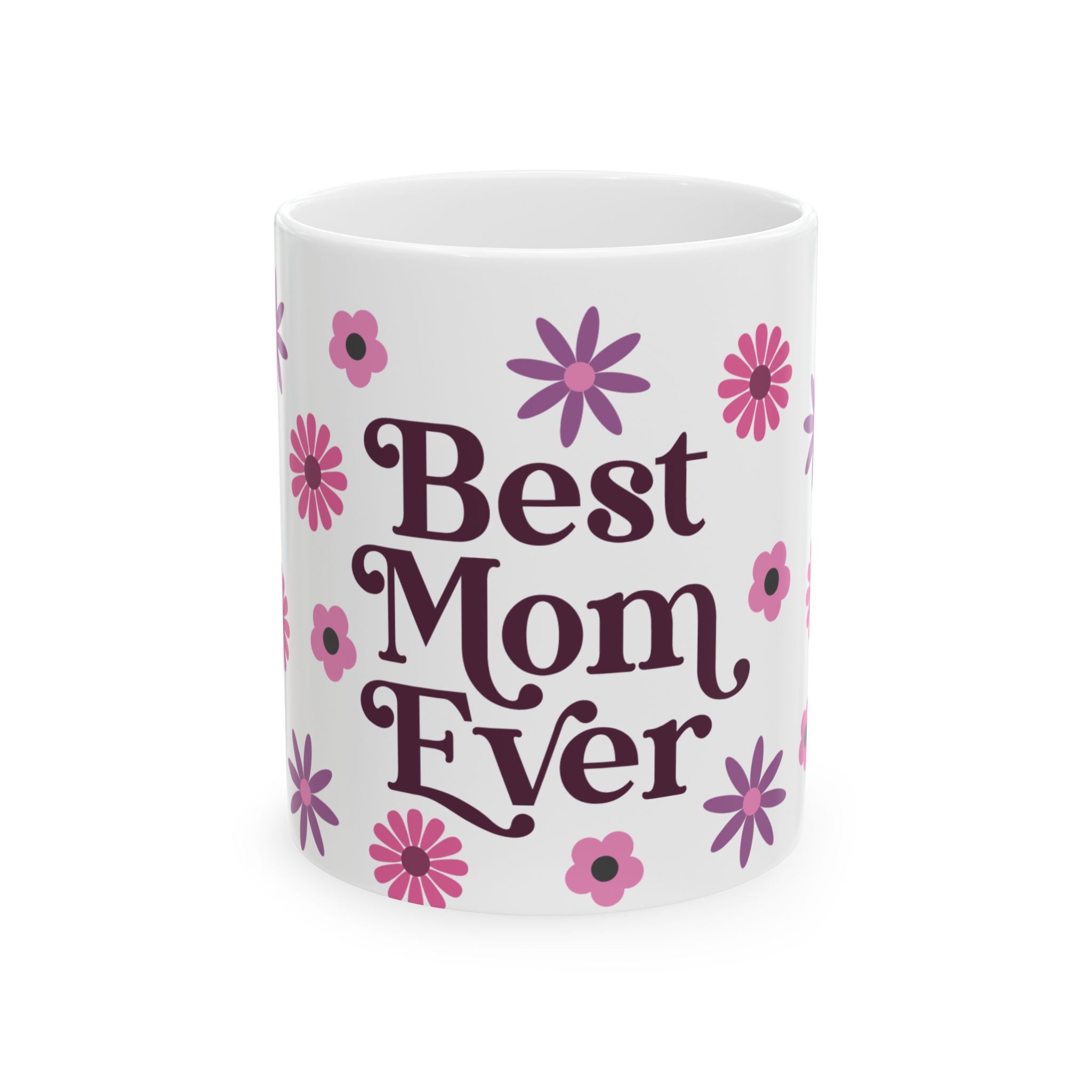Best Mom Ever Whimsical Floral Ceramic Mug - 11oz & 15oz White Coffee Cup with Hand-Lettered Script - Mother's Day Gift - Pink & Purple Cottagecore Aesthetic Mom Mug