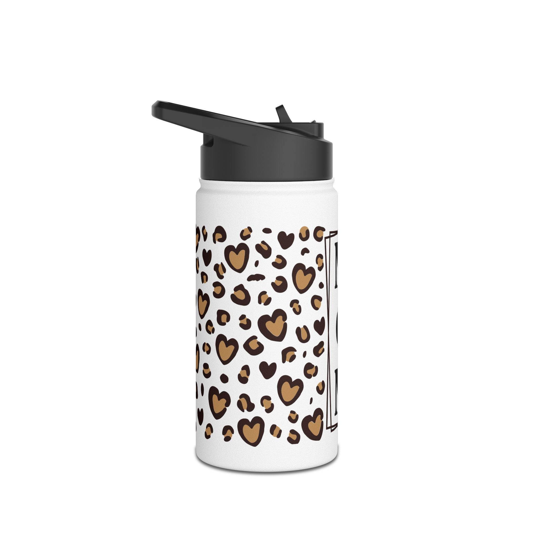 MOM Leopard Heart Stainless Steel Water Bottle - 12oz, 18oz, 32oz Matte White Insulated Bottle with Vertical Monogram - Mother's Day Gift - Cheetah Print Aesthetic Mom Bottle