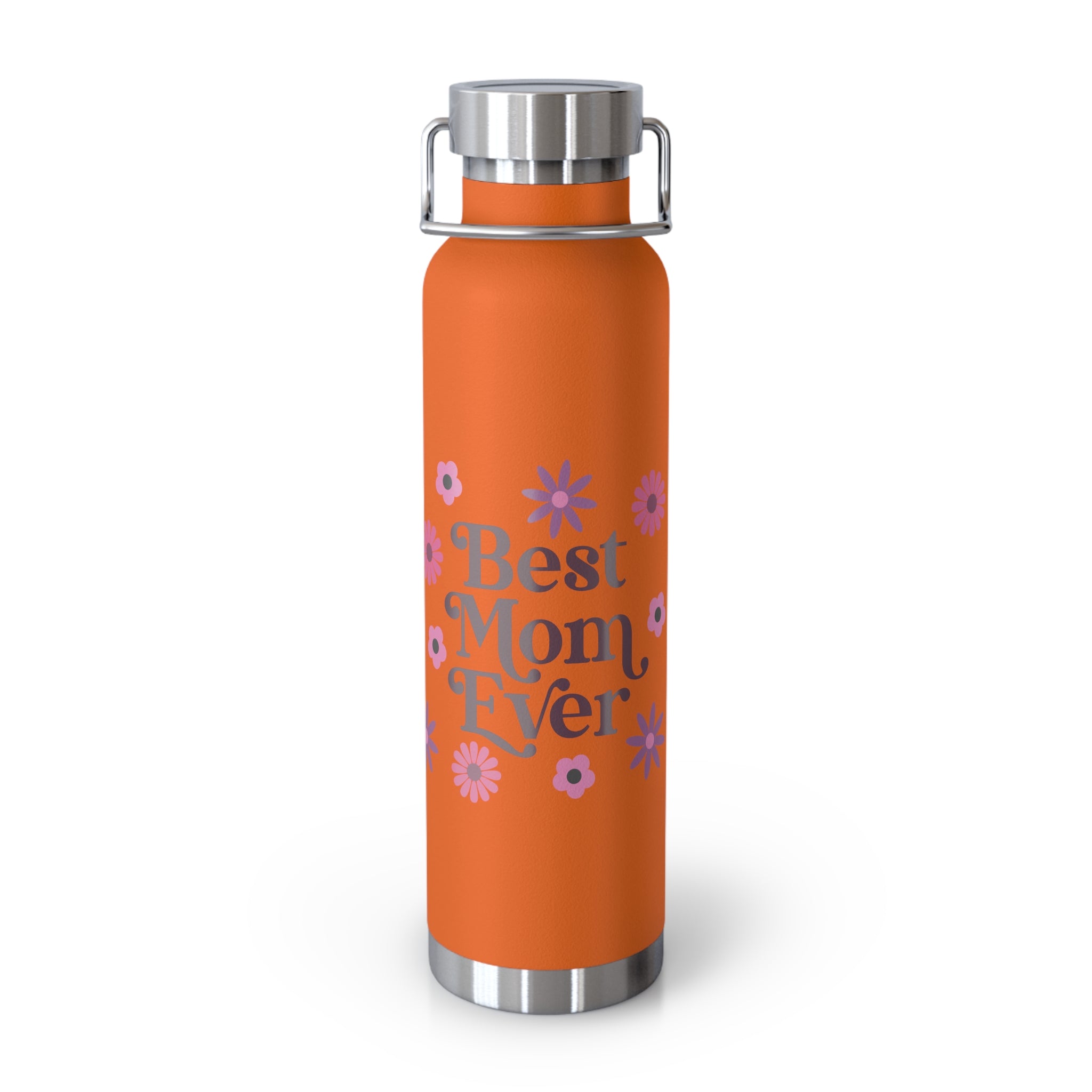 Best Mom Ever Floral 22oz Copper Vacuum Insulated Bottle - Matte White Stainless Steel Water Bottle with Spill-Proof Loop Lid - Mother's Day Gift - Pink Flower Aesthetic Mom Bottle