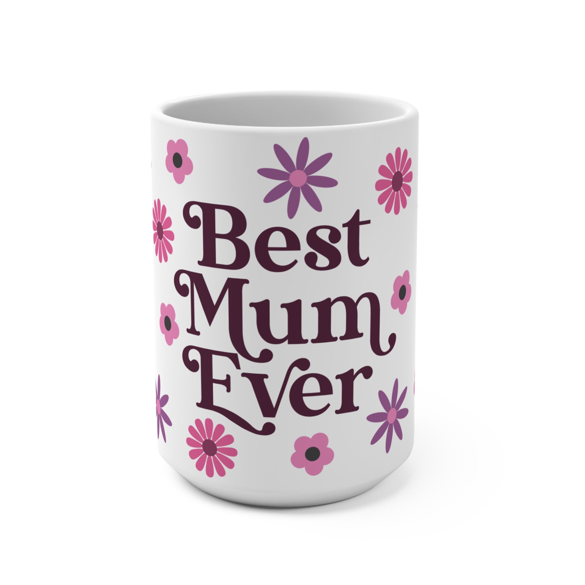 Best Mum Ever Floral 15oz Ceramic Mug - Large Coffee Cup with Pink & Purple Bloom Wreath - Mother's Day Gift - Aesthetic Watercolor Flower Tea Mug for Mum