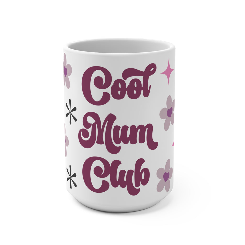 Cool Mum Club Retro Ceramic Mug - Large 15oz Coffee Cup with Mauve Flowers & Groovy Starbursts - Mother's Day Gift - Nostalgic Pink & Purple Aesthetic Mum Club Mug