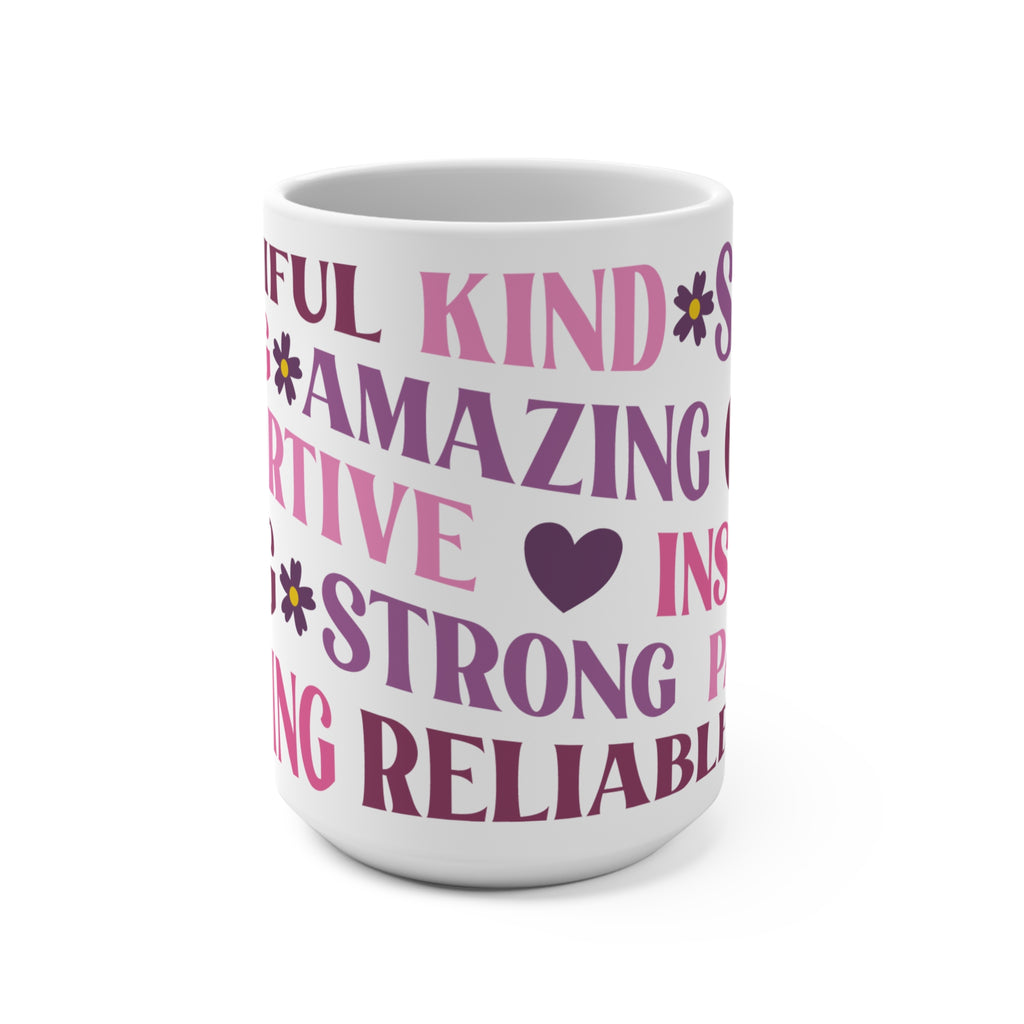 Kind Amazing Strong Motivational 15oz Ceramic Mug - Large Positive Affirmation Coffee Cup with Pink & Purple Typography - Mother's Day Gift - Uplifting Self-Care Mug for Women