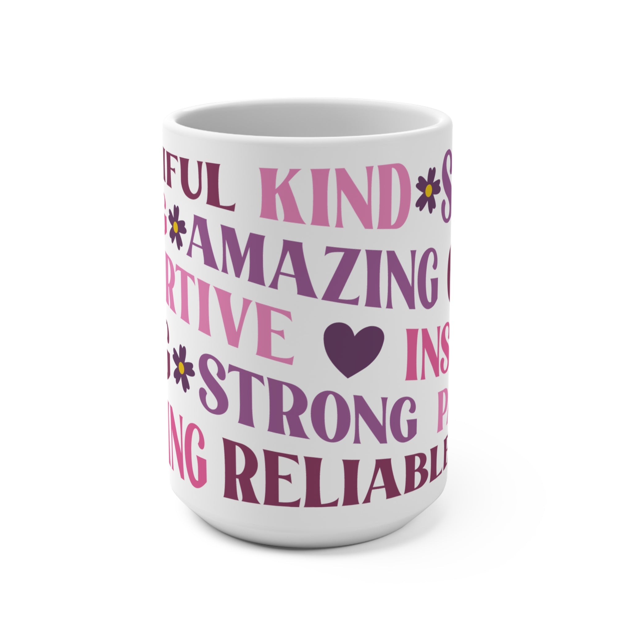 Kind Amazing Strong Motivational 15oz Ceramic Mug - Large Positive Affirmation Coffee Cup with Pink & Purple Typography - Mother's Day Gift - Uplifting Self-Care Mug for Women