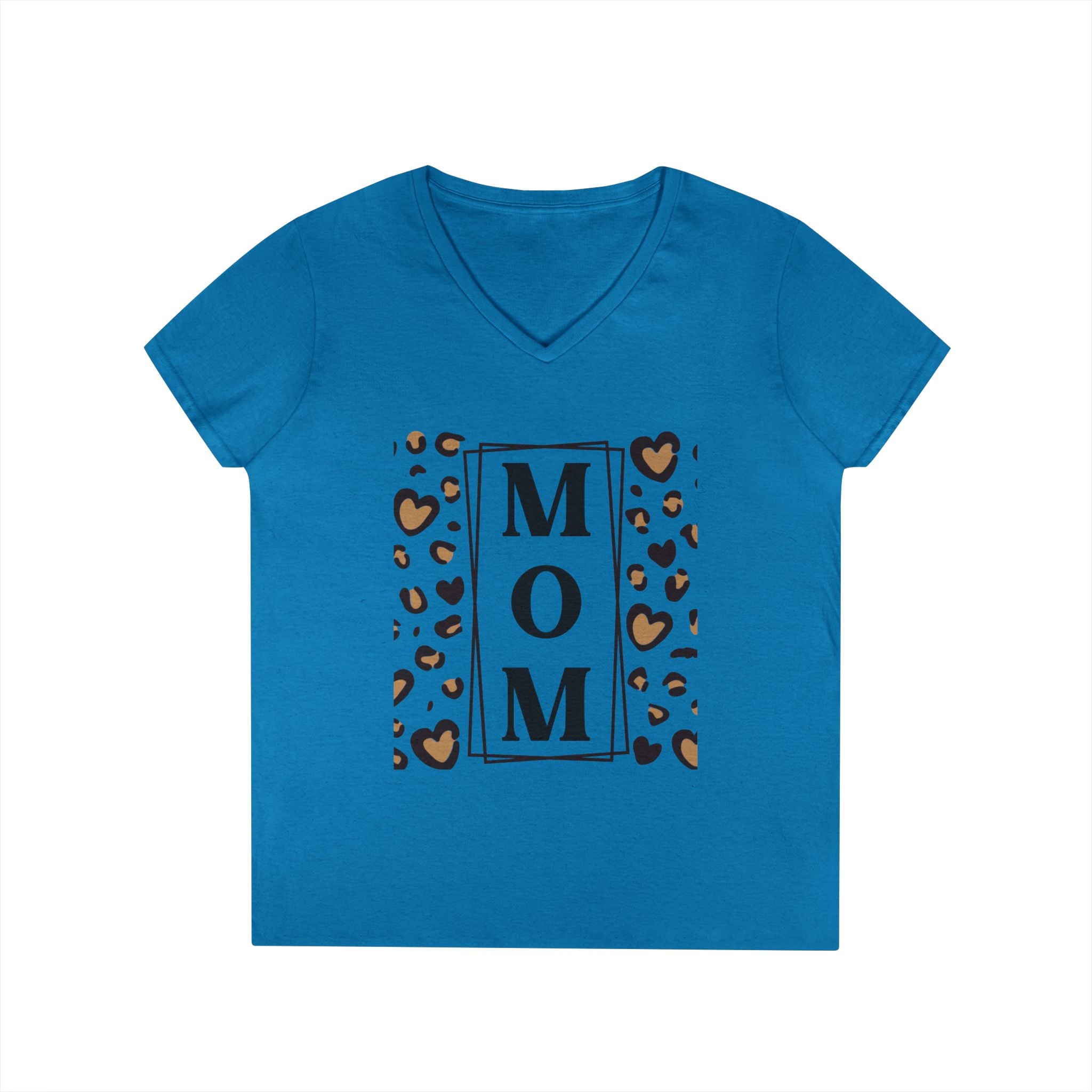 MOM Leopard Heart White V-Neck T-Shirt - 100% Cotton Semi-Fitted Graphic Tee - Mother's Day Gift - Cheetah Print Aesthetic Monogram Mom Shirt