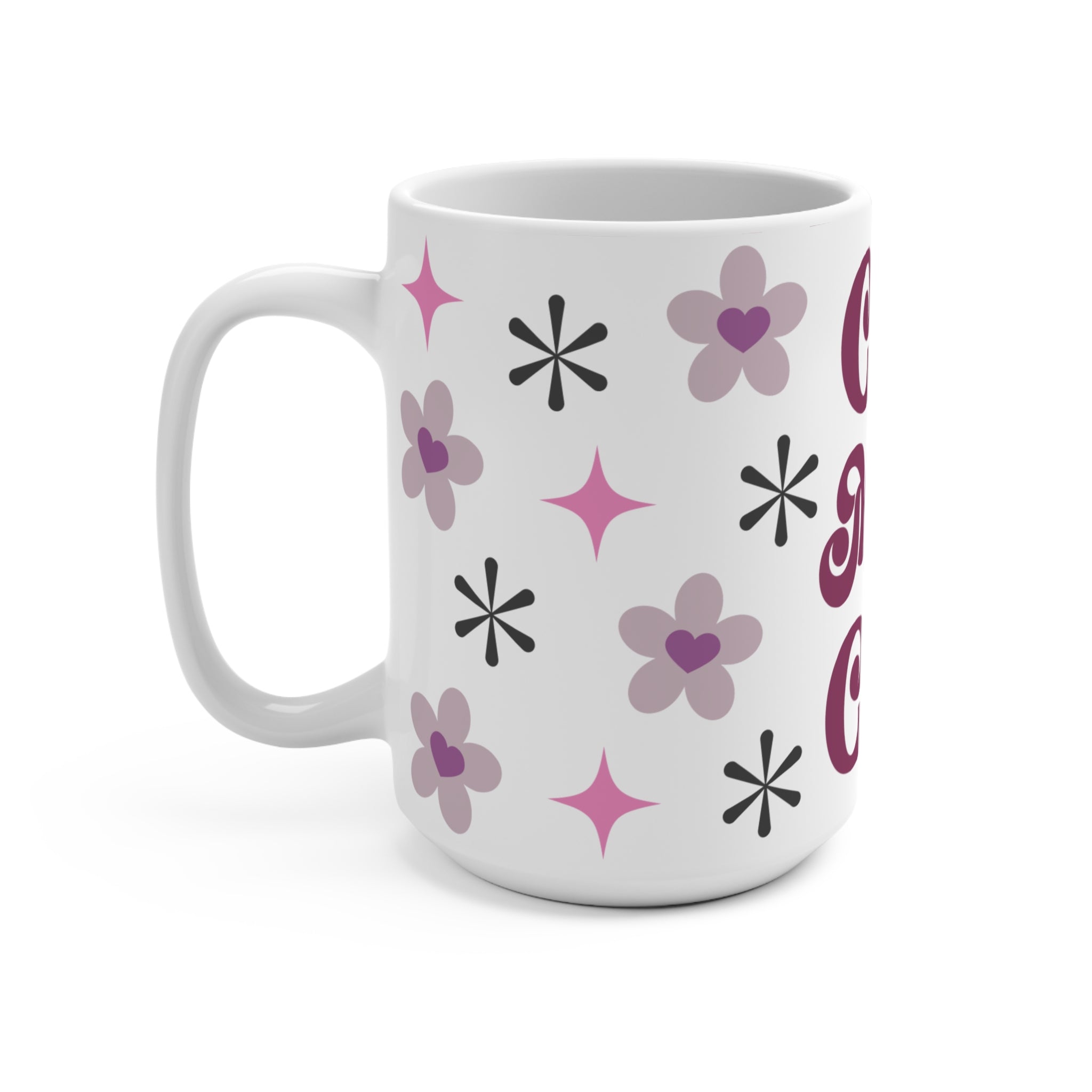 Cool Mum Club Retro Ceramic Mug - Large 15oz Coffee Cup with Mauve Flowers & Groovy Starbursts - Mother's Day Gift - Nostalgic Pink & Purple Aesthetic Mum Club Mug