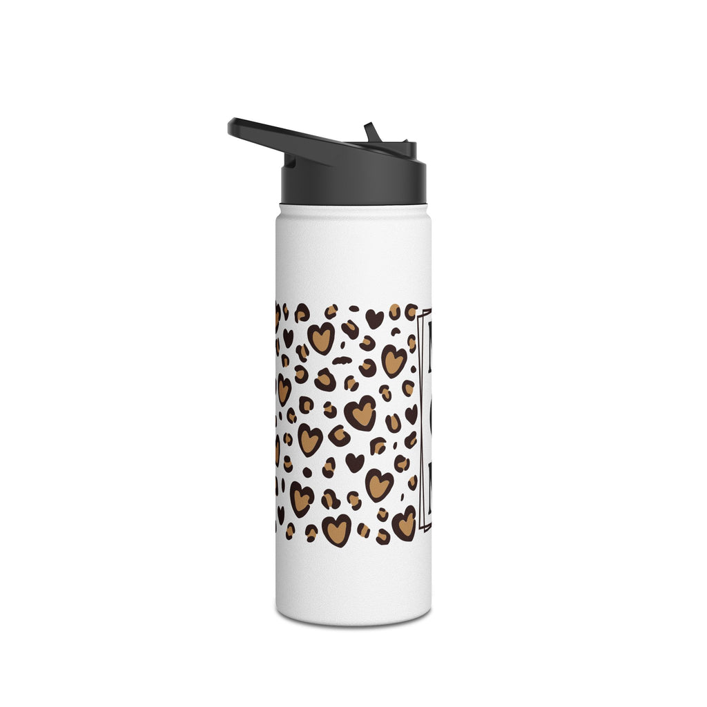 MOM Leopard Heart Stainless Steel Water Bottle - 12oz, 18oz, 32oz Matte White Insulated Bottle with Vertical Monogram - Mother's Day Gift - Cheetah Print Aesthetic Mom Bottle