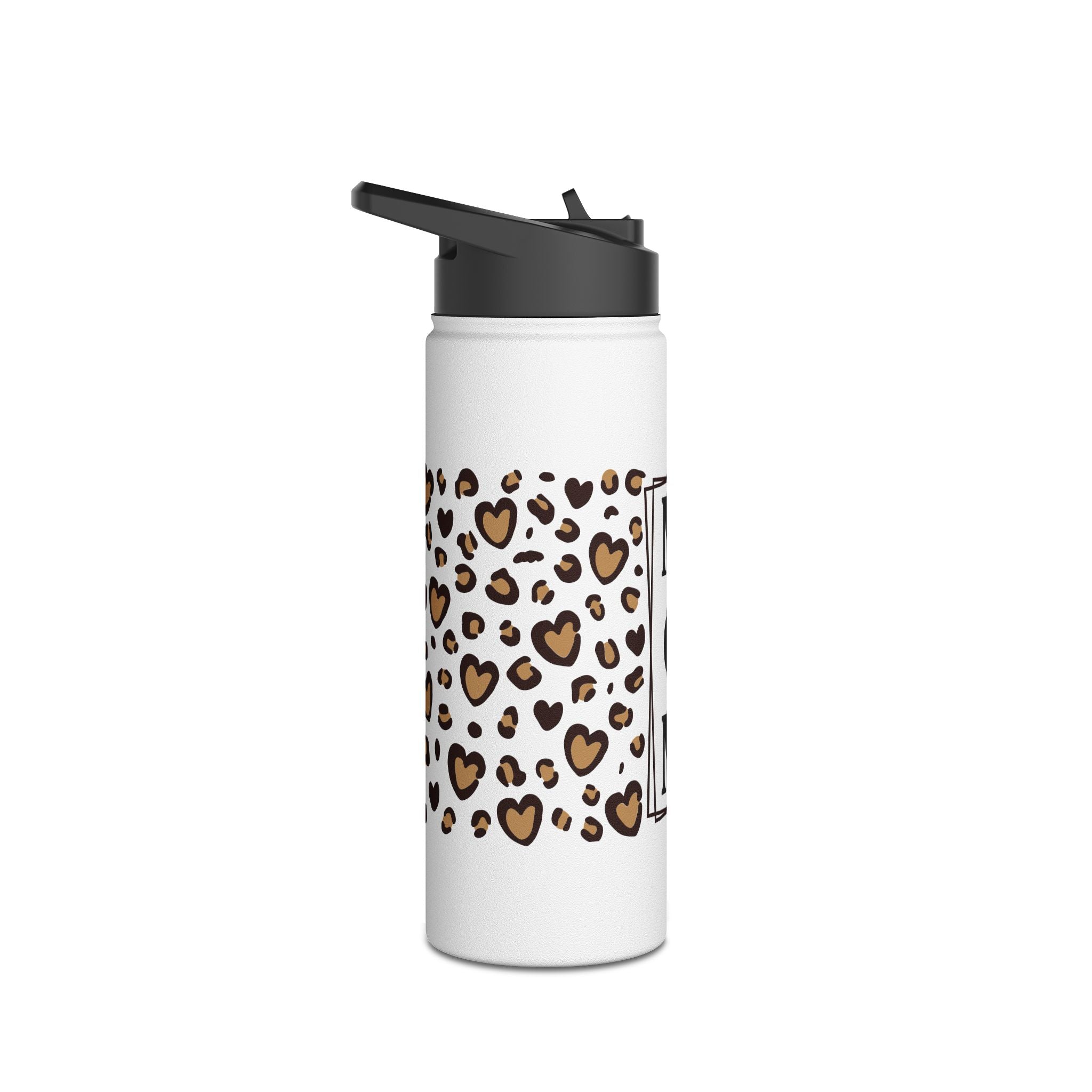 MOM Leopard Heart Stainless Steel Water Bottle - 12oz, 18oz, 32oz Matte White Insulated Bottle with Vertical Monogram - Mother's Day Gift - Cheetah Print Aesthetic Mom Bottle